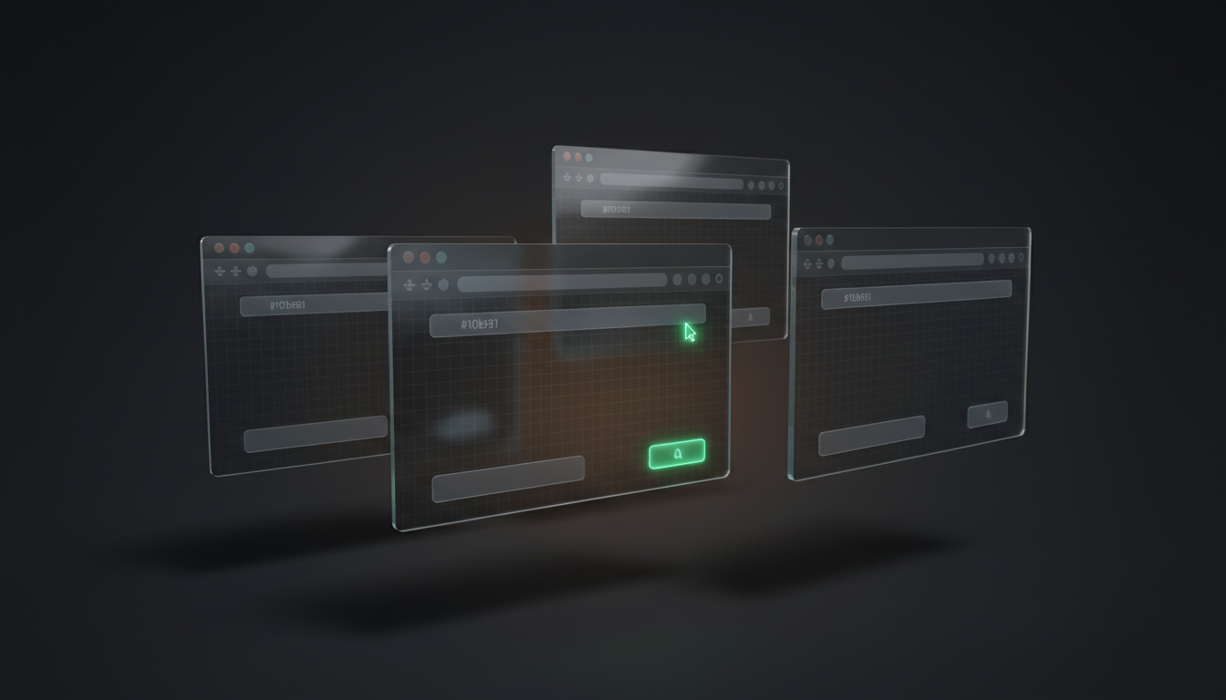 Visualisierung schwebender Browser-Frames mit Emerald-Akzent